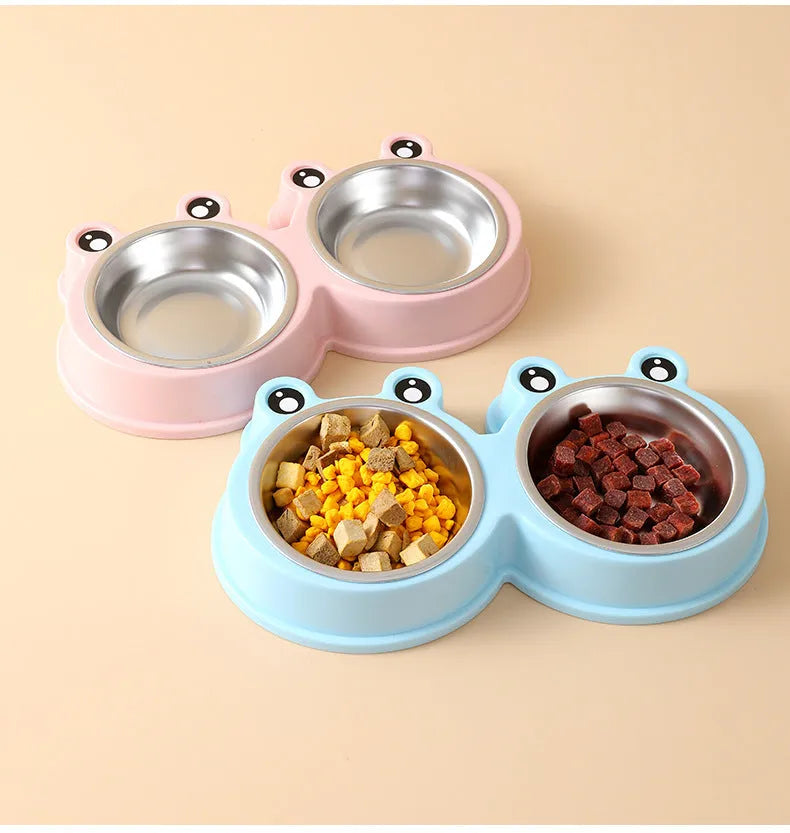 Stainless steel double pet bowl set with anti-slip frog base in blue, for cat or dog food and water.