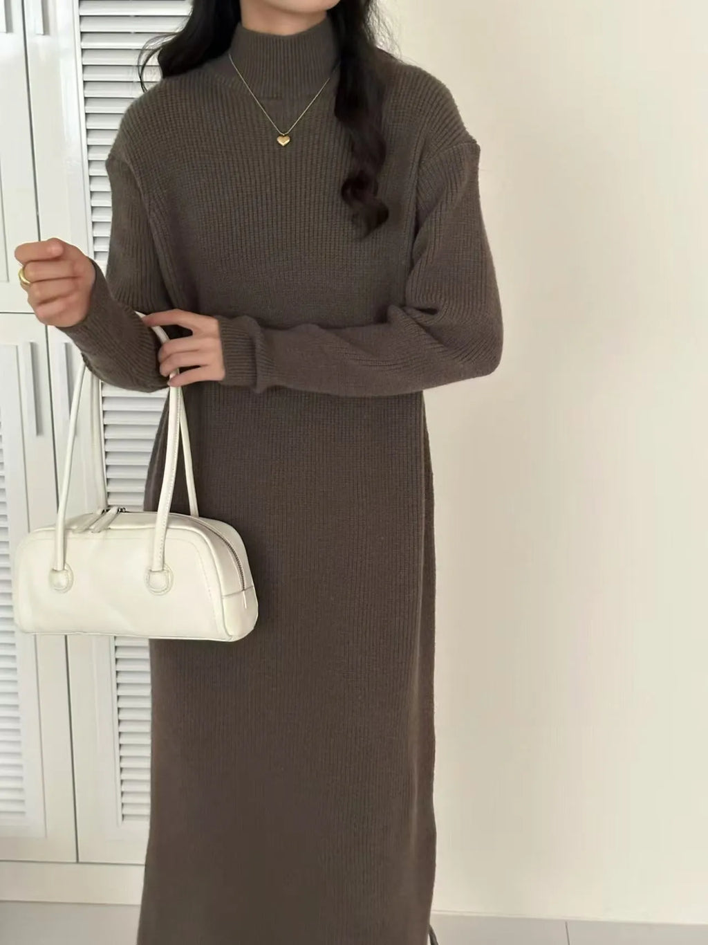Half turtleneck acrylic knitted dress in graphite colour with long sleeves