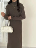 Half turtleneck acrylic knitted dress in graphite colour with long sleeves