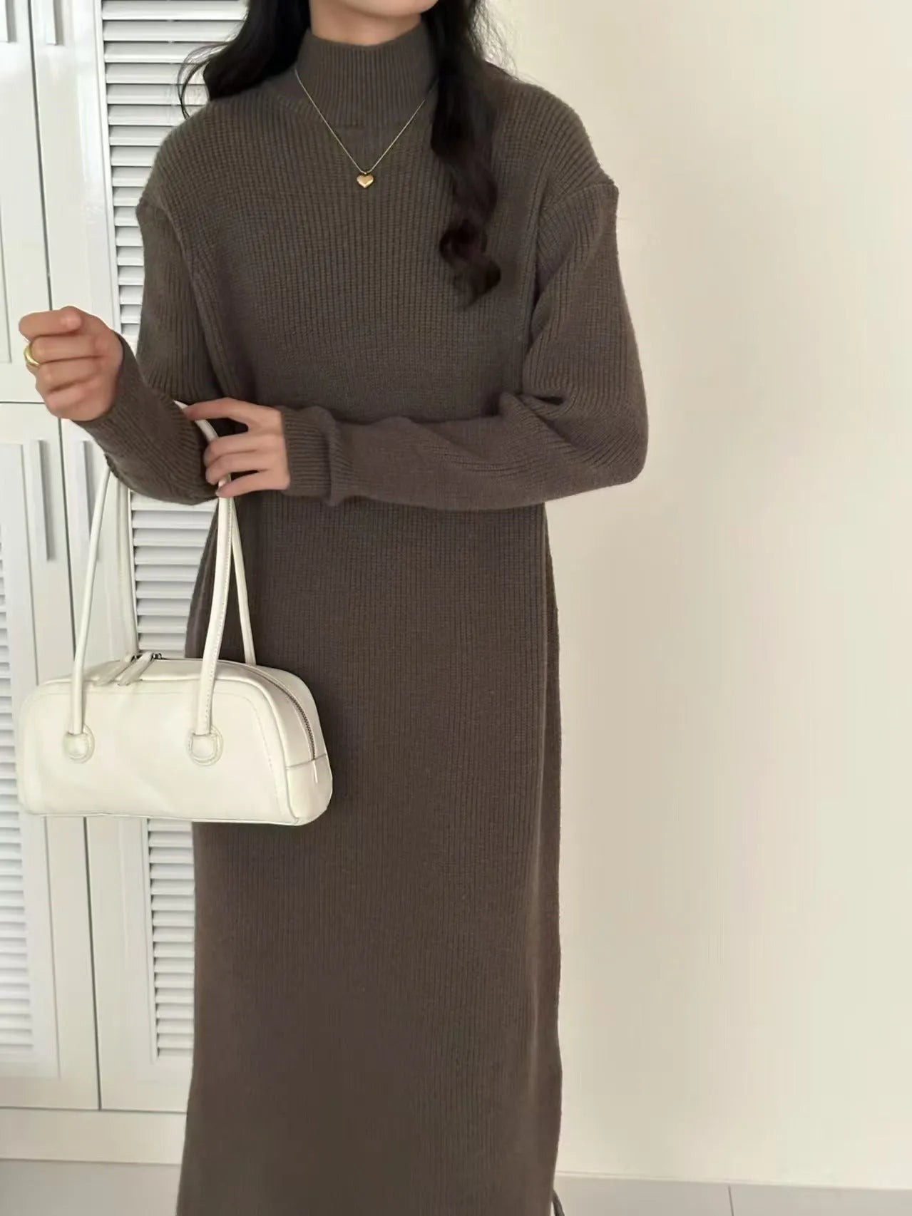 Half turtleneck acrylic knitted dress in graphite colour with long sleeves