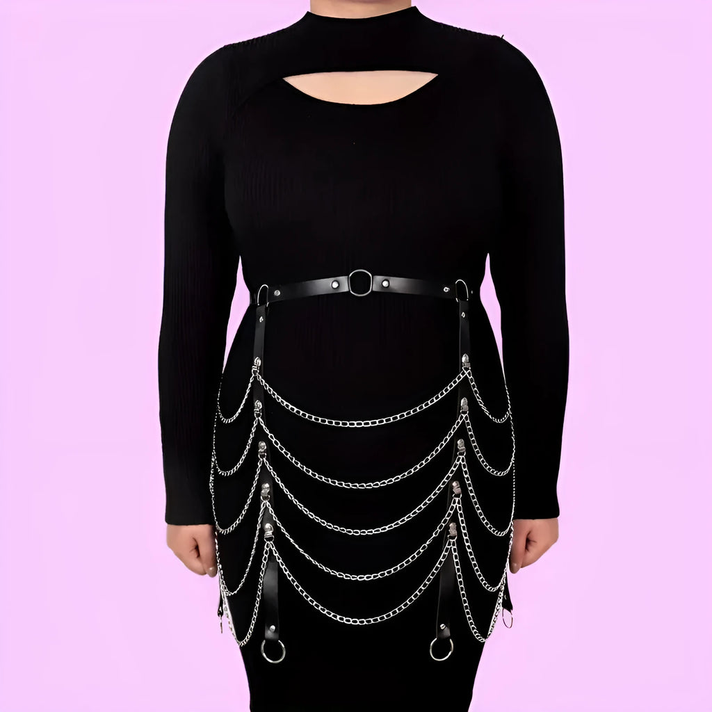Black PU leather adjustable waist chain with decorative pendant, showing buckle closure detail