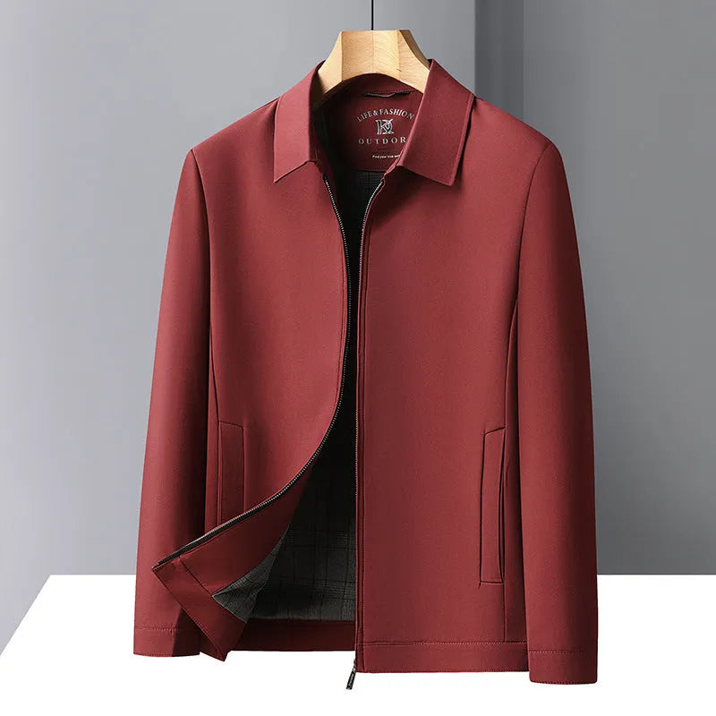 Men's loose-fit solid colour polo collar casual jacket with side seam pockets