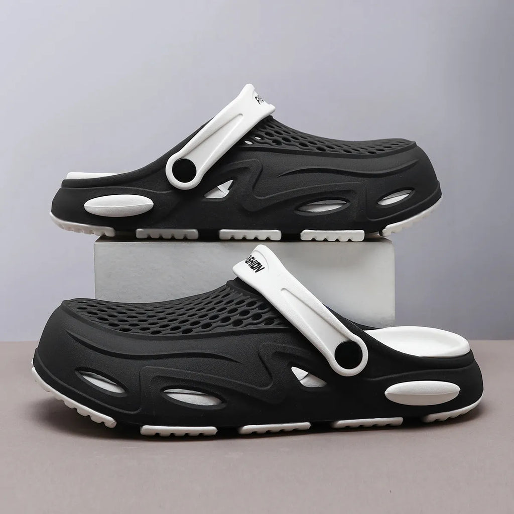 Men's Summer Closed Toe Non-slip Breathable Beach Slippers EVA Integrated Molding Flat Heel 3cm Breathable Non-slip Grid Pattern Thin Round Head Toe Holder Available in Gray Navy Blue Black Sizes 38-39 to 44-45