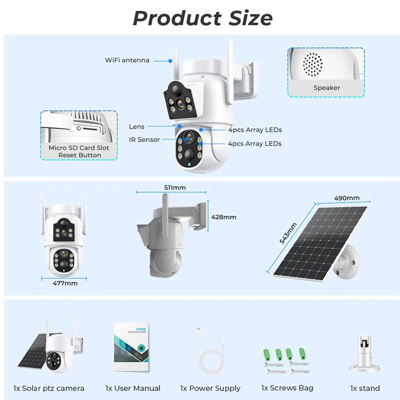 Outdoor solar-powered wireless wifi security camera with 4MP HD sensor and attached solar panel on a wall mount.