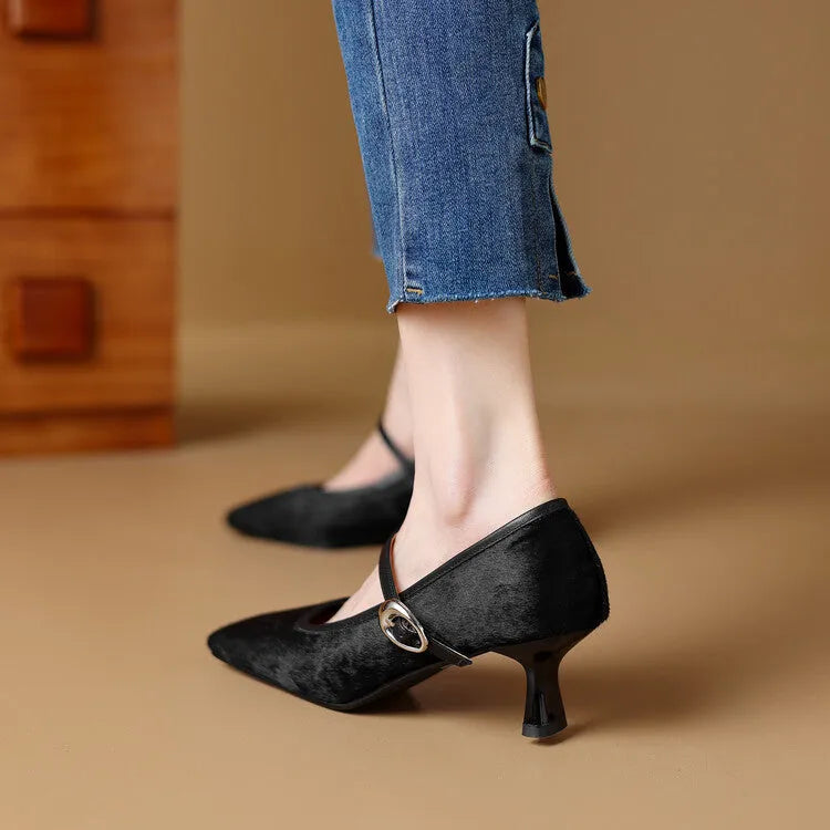 Women's black square toe stiletto ankle-strap heels with a horse hair upper and buckle fastening.