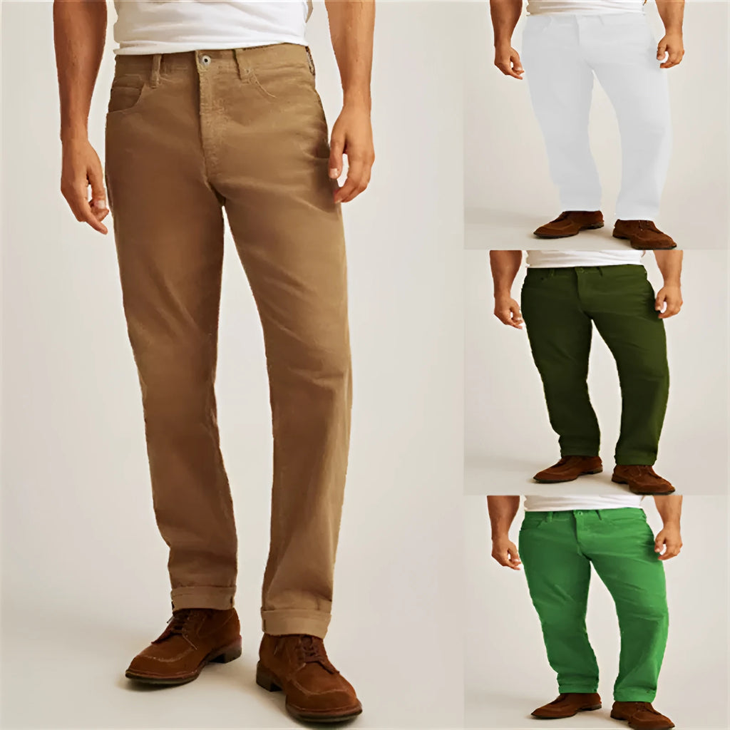 Corduroy straight-leg casual trousers in green with mid waist and zip placket closure