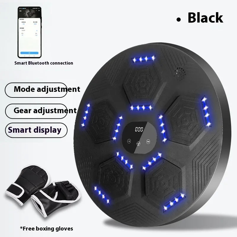 Smart music boxing machine reaction target with LED lights hanging on wall, includes boxing gloves