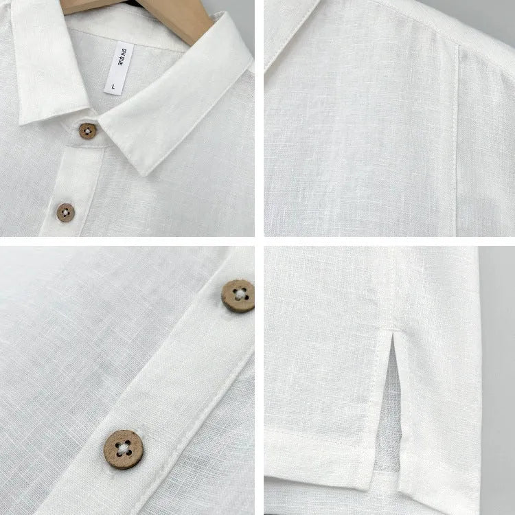 Men's loose fit linen summer shirt with thin lapels and short sleeves in grey green colour.