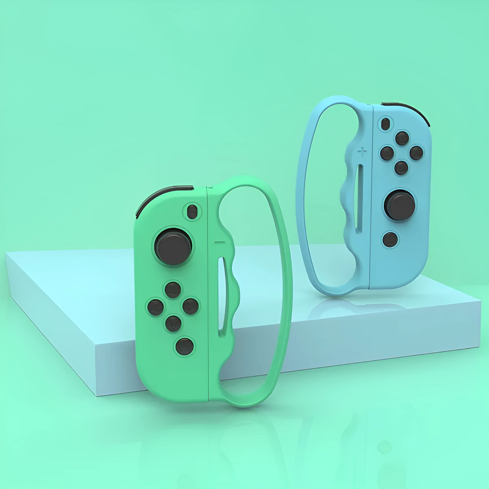 Two Joy-Con controller grips with hand ropes in black and blue red colours