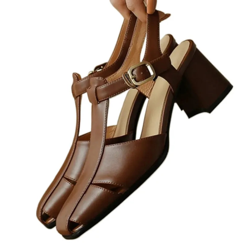 Hollow Retro Closed Toe Chunky Heel Sandals for Women in Dark Brown and Black, Sizes 35-40, Princess Style, Rubber and Leather Construction, Ideal for Everyday and Event Wear