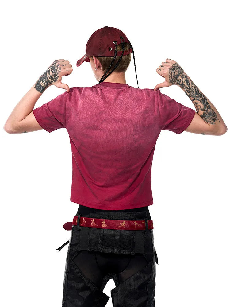 Red distressed slim-fit men's cotton t-shirt with short sleeves and a round neck.