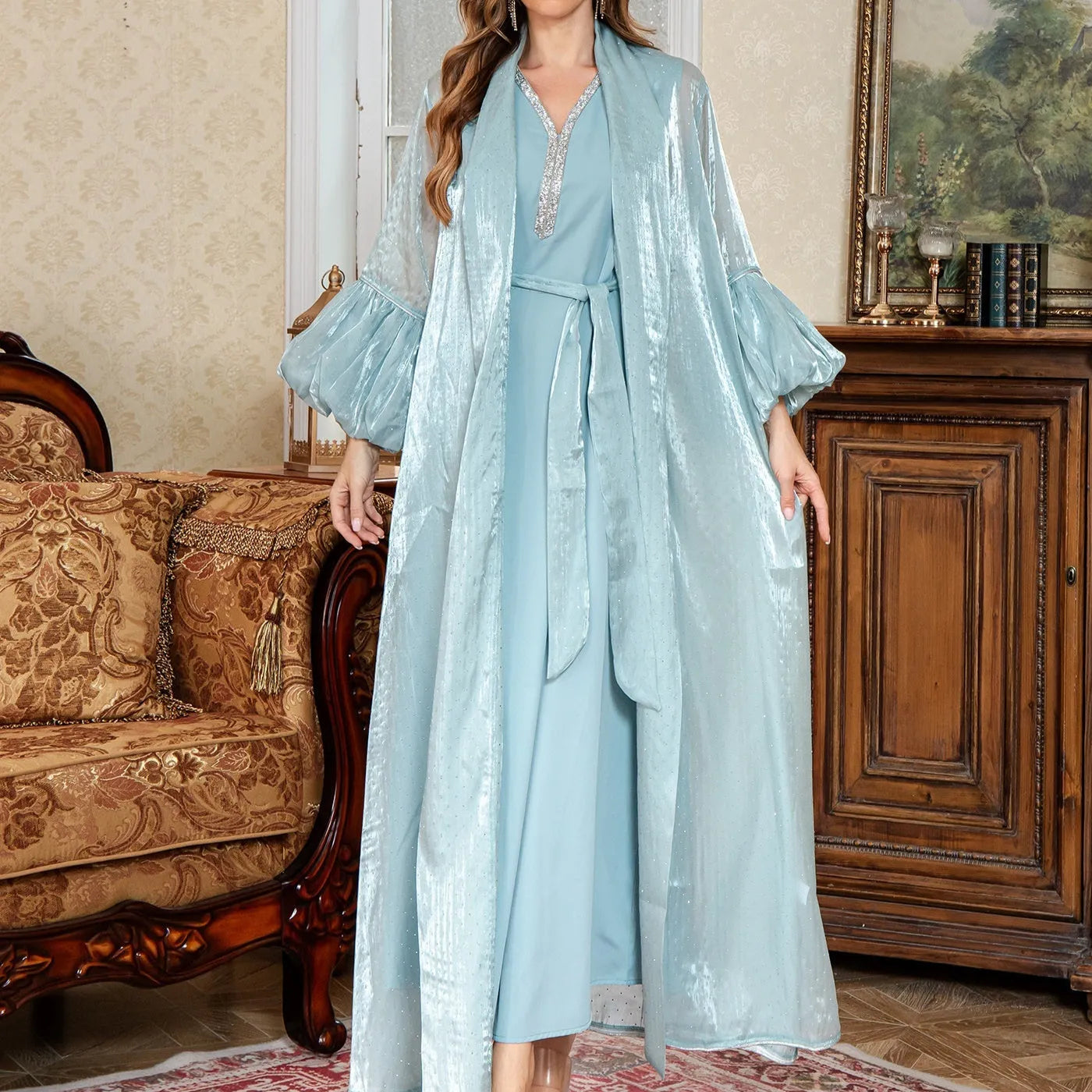 Arabic-style two-piece dress with rhinestone detailing and long sleeves in blue or brown colours