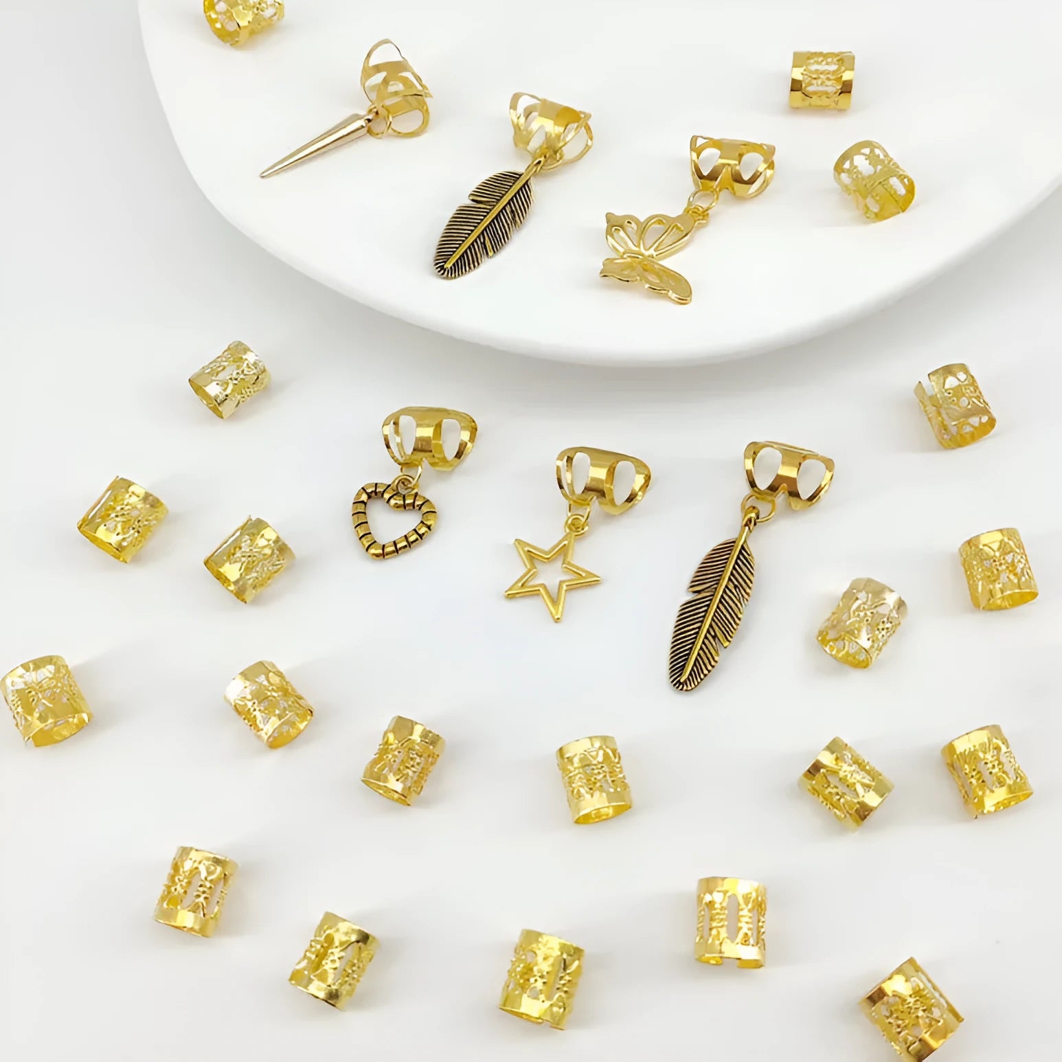 Antique style hair rings with leaves pattern and braid design in gold or silver finish