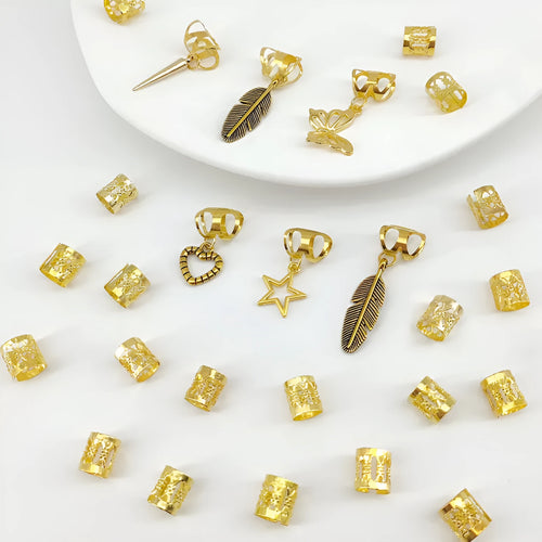 Antique style hair rings with leaves pattern and braid design in gold or silver finish