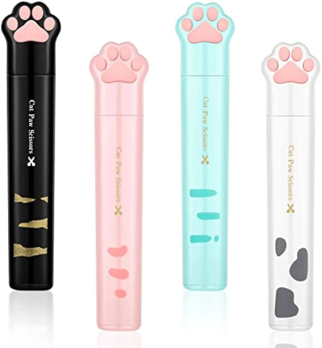 Cat paw mini folding scissors in four colours showing stainless steel blades and compact 8.7cm size