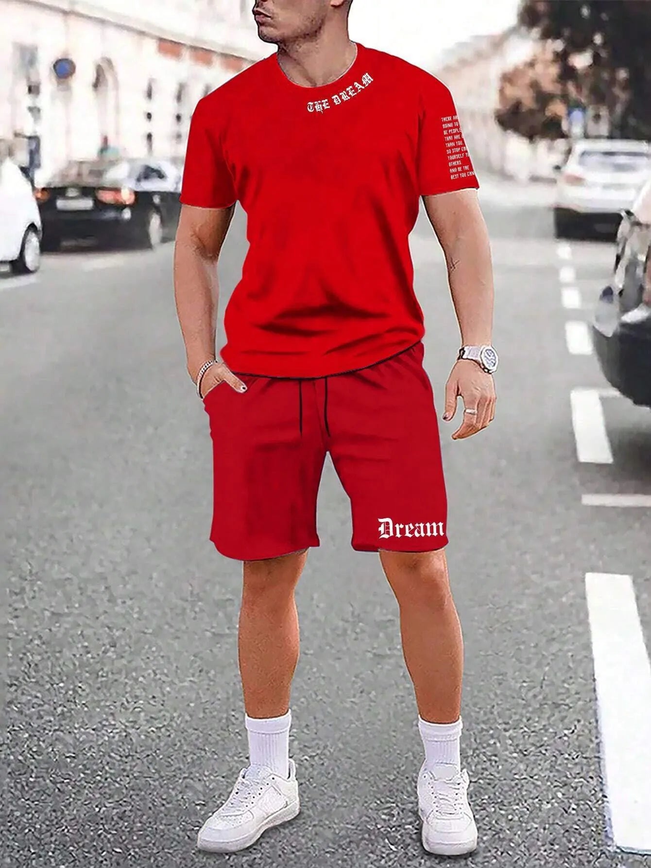 Men's sports style short-sleeved shirt and shorts set in polyester blend fabric