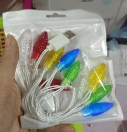 Green USB charging cable with 10 colourful LED lights flashing along its length