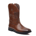 Brown retro cowboy boots with embroidered design, square toe, and high shaft