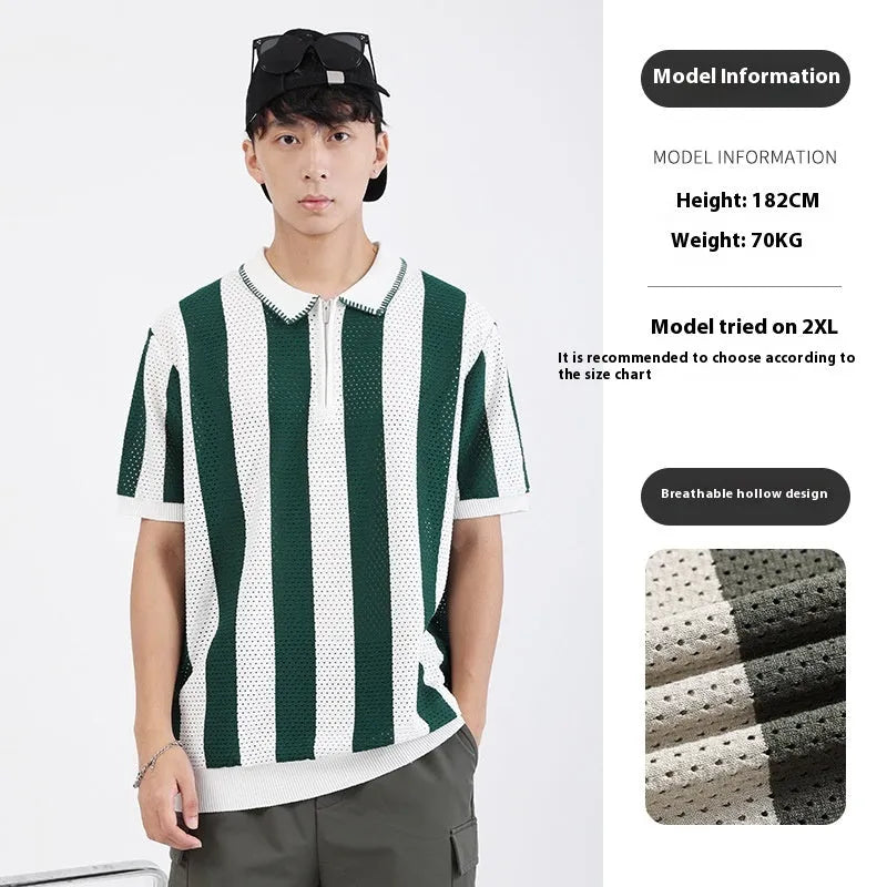 Men's black and white striped short sleeve summer sweater with zip detail on front.