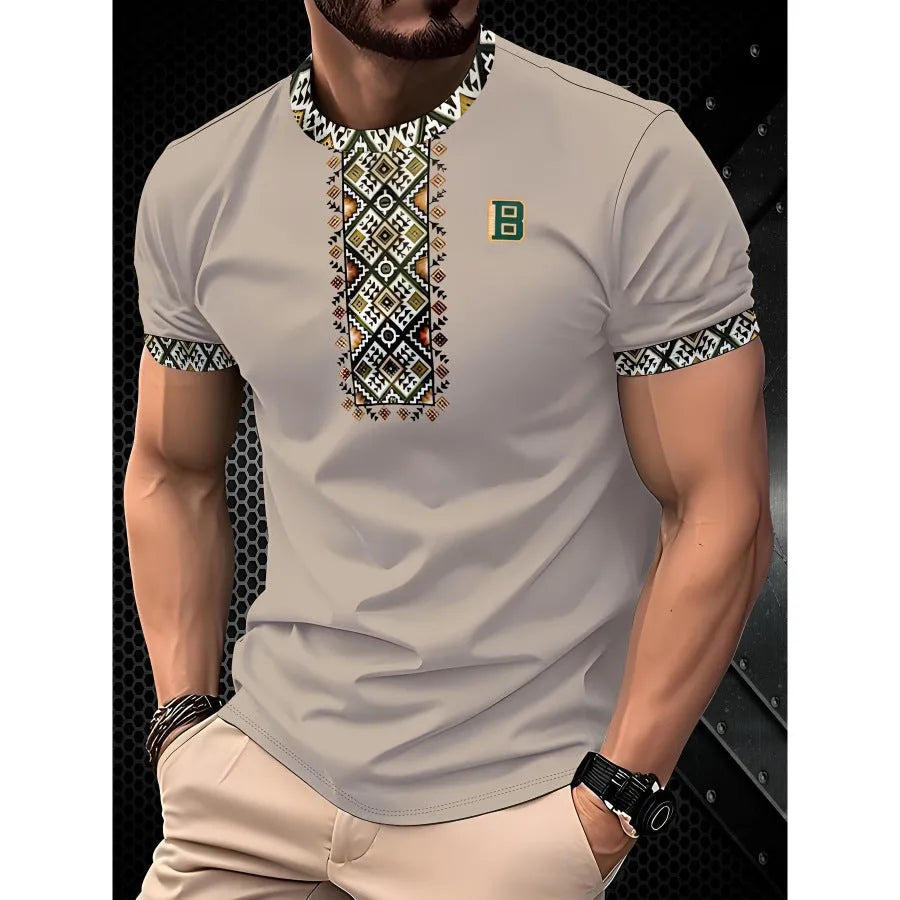 Men's loose fit short sleeve T-shirt with digital 3D printed stripe pattern in polyester fabric