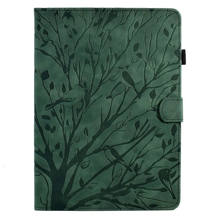 Black imitation leather tablet case with Pachira macrocarpa engraving and built-in viewing bracket open.