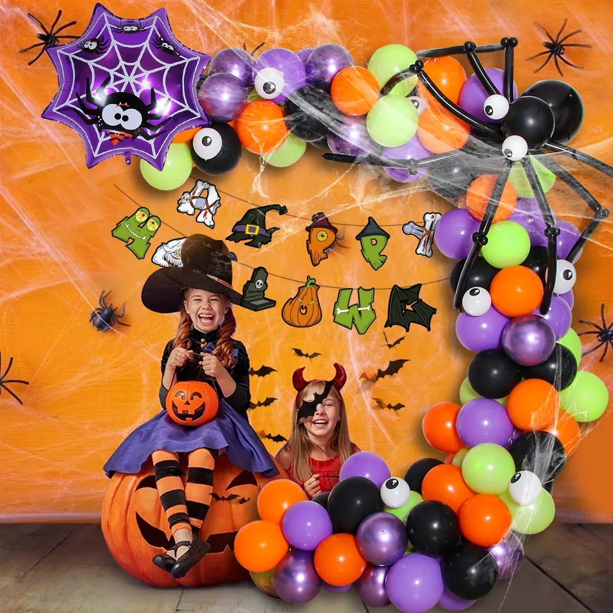Halloween spider balloon arch decoration set with black and white latex skull and pumpkin designs