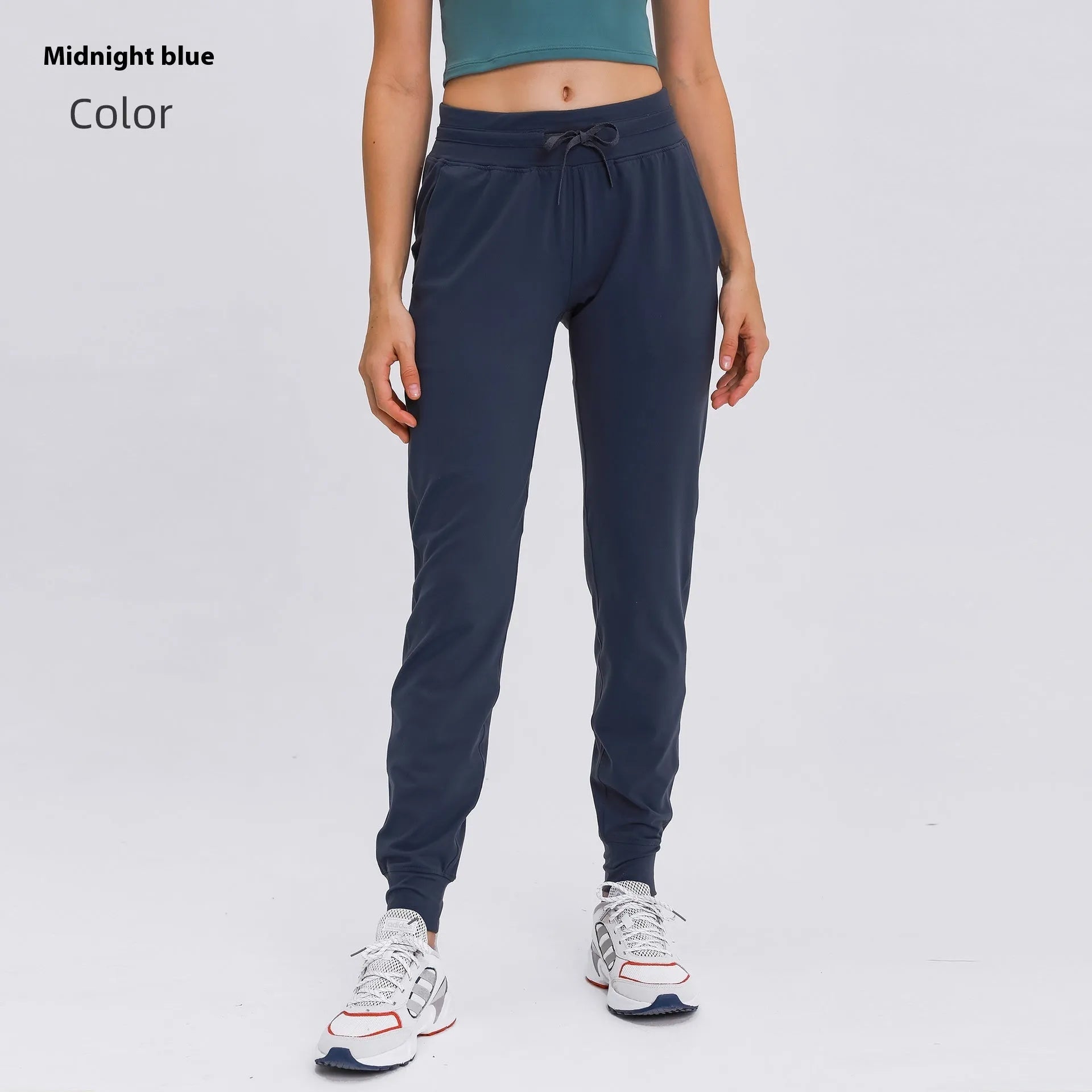 Women's high waist yoga pants with drawstring waistband in quick-drying cotton blend fabric, multiple colour options