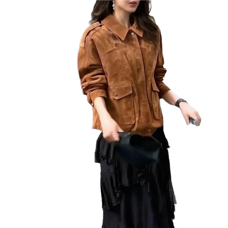 Brown suede-look women's coat with regular sleeves and street chic styling
