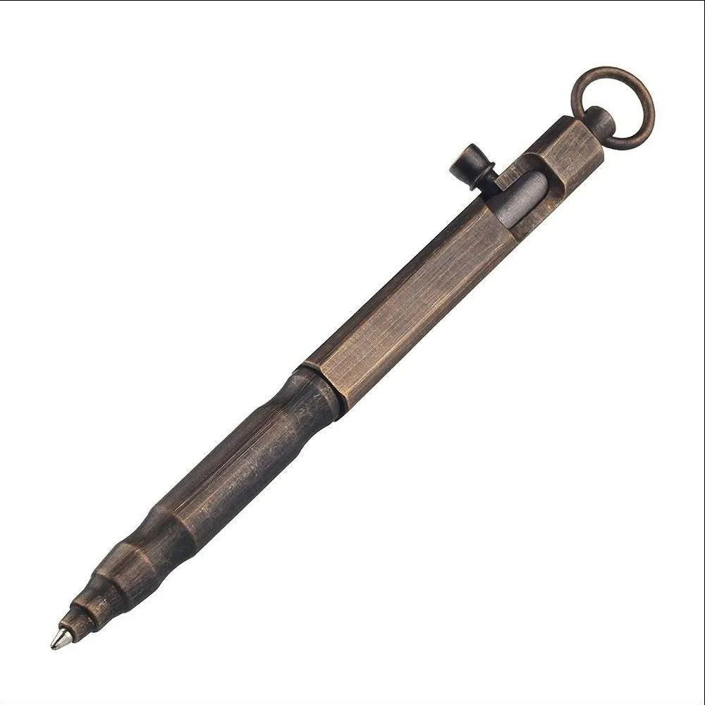 Solid brass hexagonal bolt tactical pen in brass and black finishes, showing machining detail.