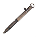 Solid brass hexagonal bolt tactical pen in brass and black finishes, showing machining detail.