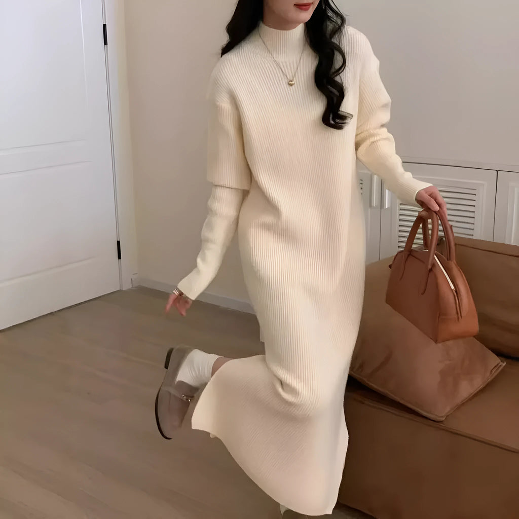 Half turtleneck acrylic knitted dress in graphite colour with long sleeves