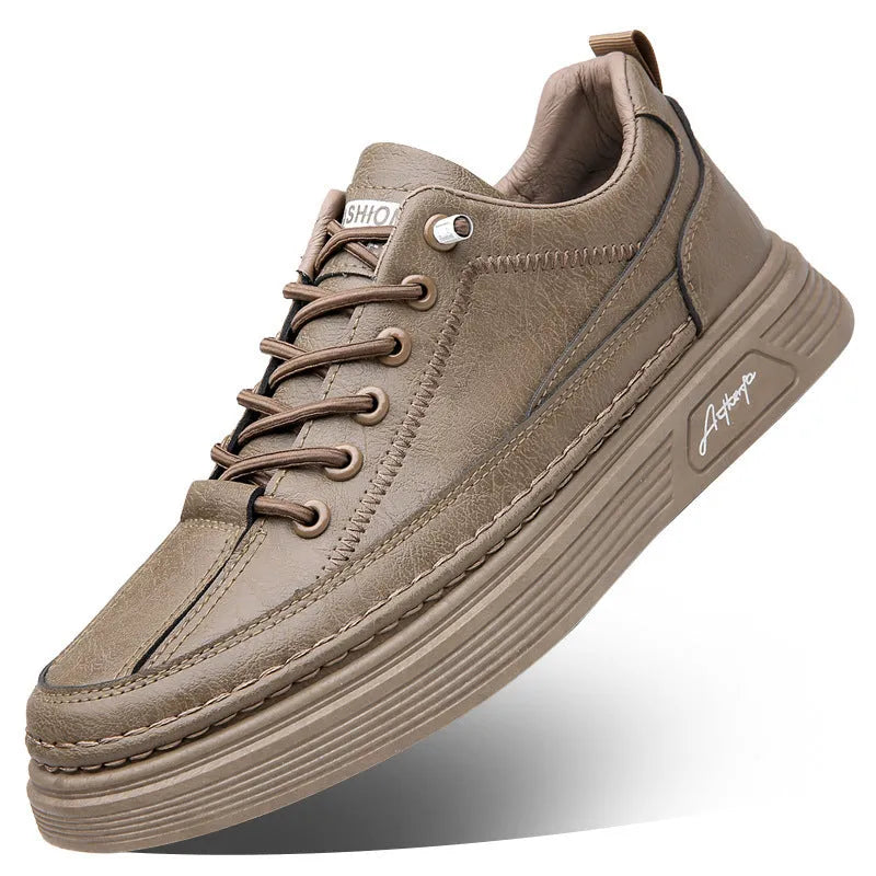 Men's casual shoes with black artificial PU upper, rubber sole, elastic band, low-top round-toe design
