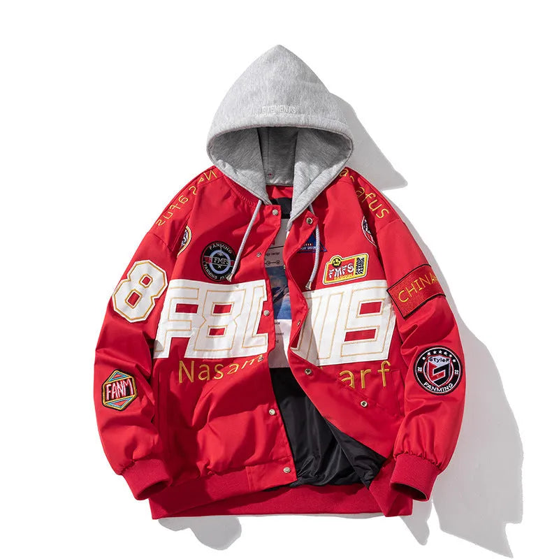 Black American motorcycle baseball uniform with removable hood for couples in autumn winter style