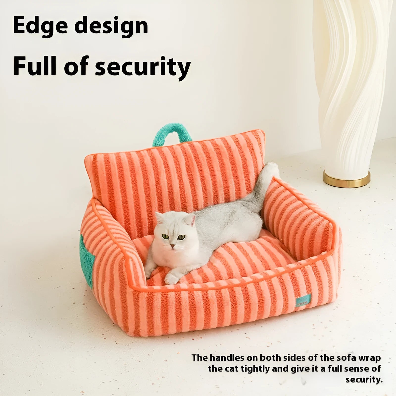 Striped plush pet bed for cats and dogs with a removable washable cover in yellow, orange, or purple.