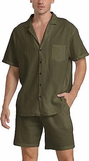 Men's flax linen short-sleeve top and shorts summer sports suit in army green