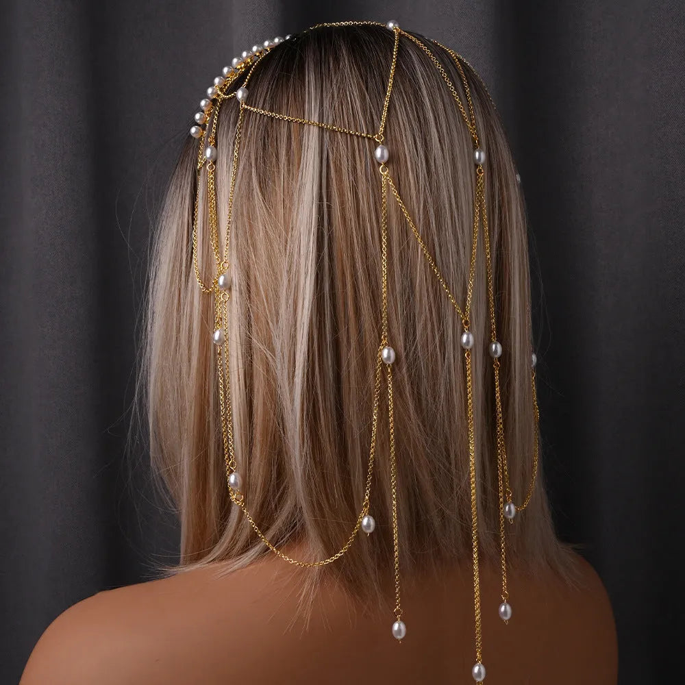 Women's mesh tassel hair chain with electroplated gold or silver finish and pearl accents