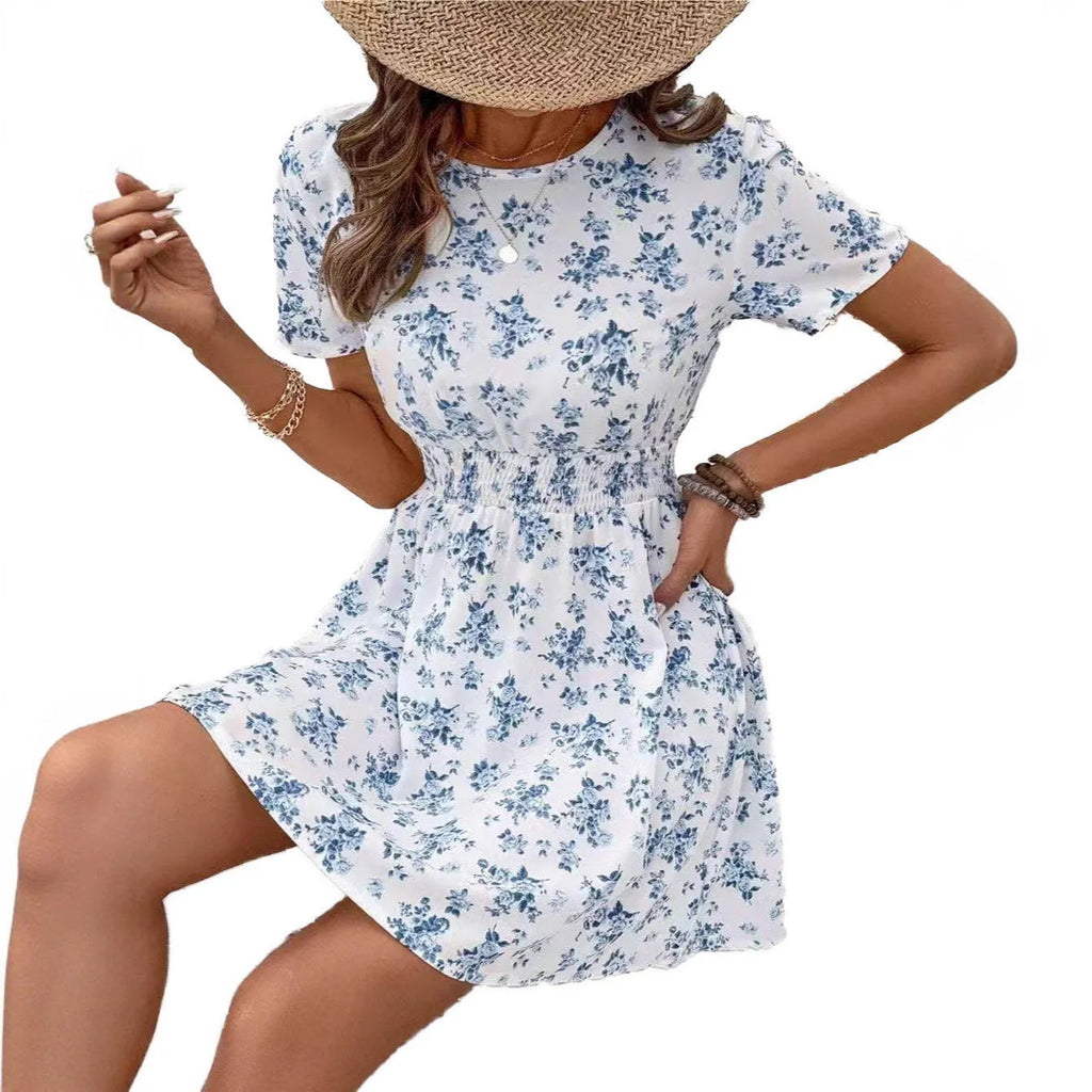 Light blue polyester A-line casual dress with high waist and regular sleeves