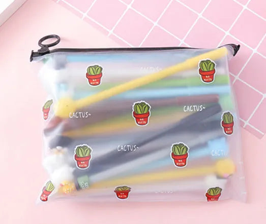 Plastic pen case open showing twenty colourful cartoon cactus design pens with 0.5mm black tips