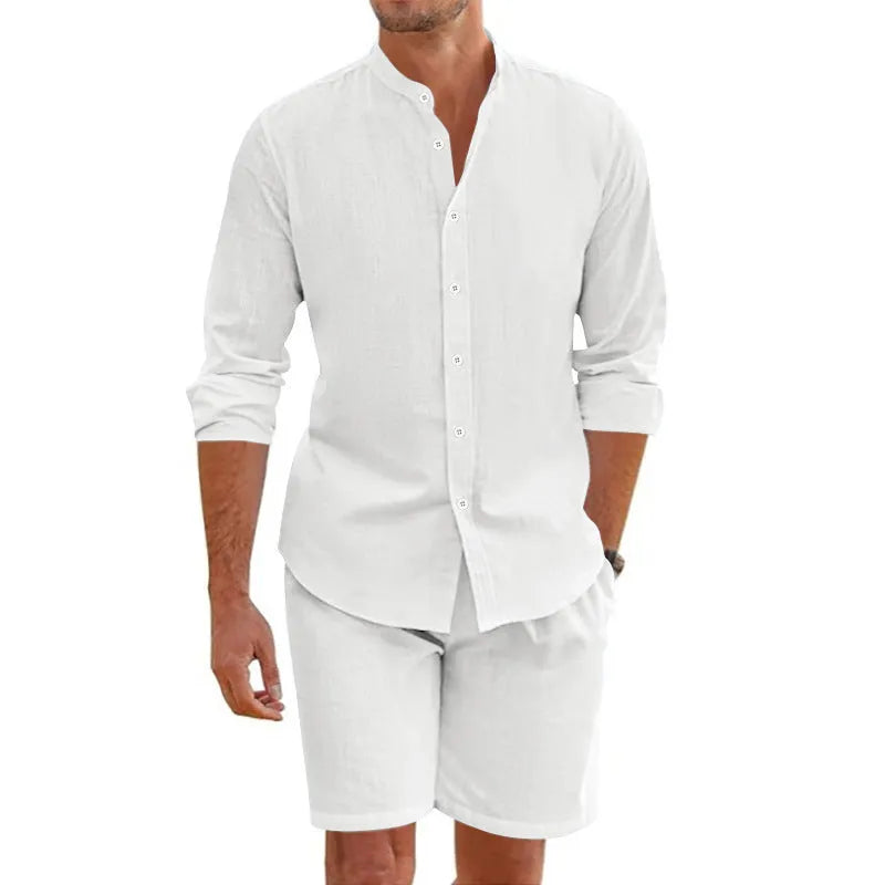 Men's dark grey hemp blend summer shirt suit with lapel button-down top and drawstring shorts