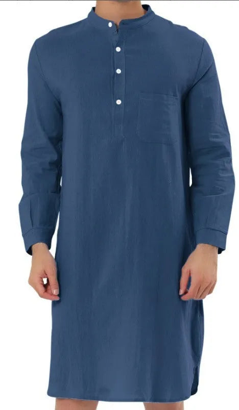 Men's cotton shirt robe in light blue with simple chest pocket, shown with relaxed fit for home wear