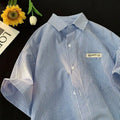 Blue and green striped loose plus size half sleeve polyester shirt on hanger