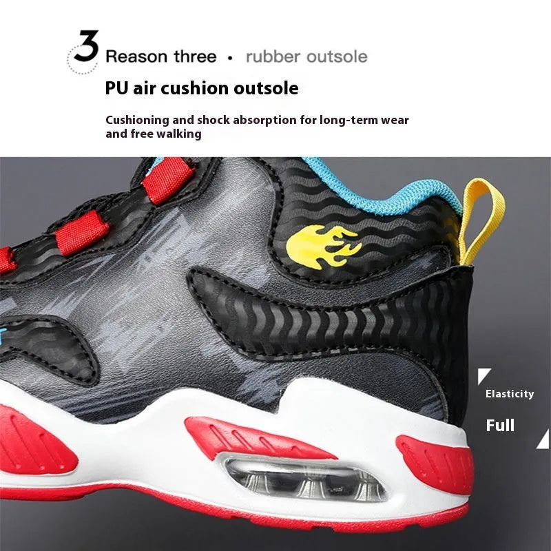 Children's black and colour basketball shoes with a rotating button fastening on the side.