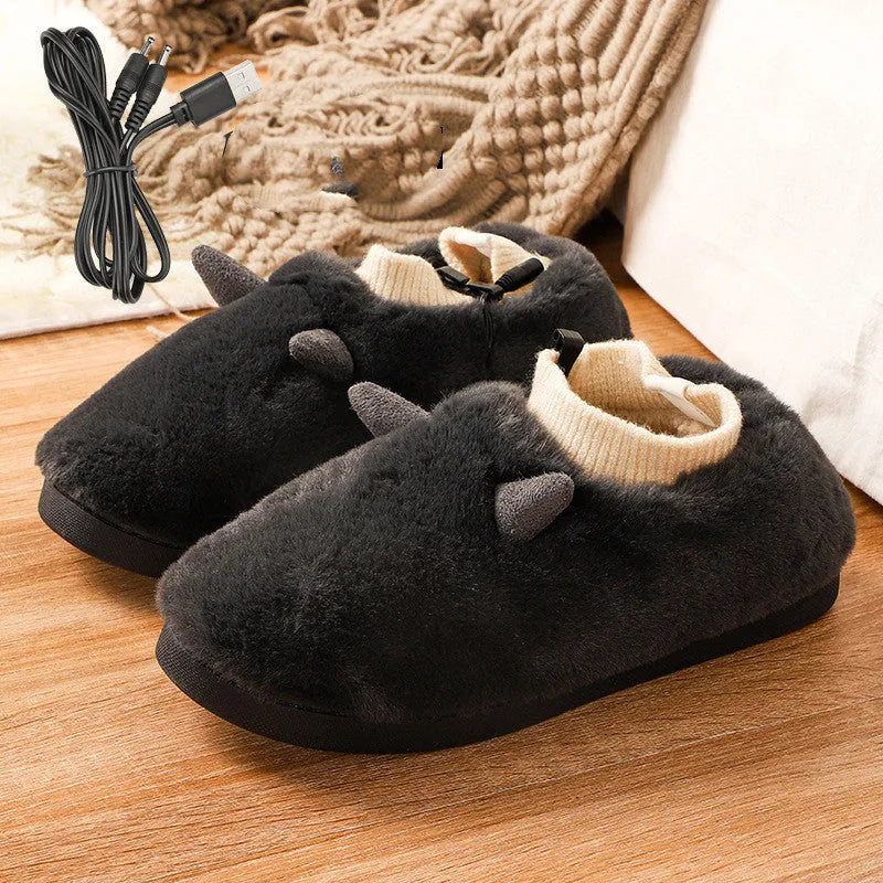 USB electric heating slippers in velvet, showing USB cable connection and adjustable temperature control.