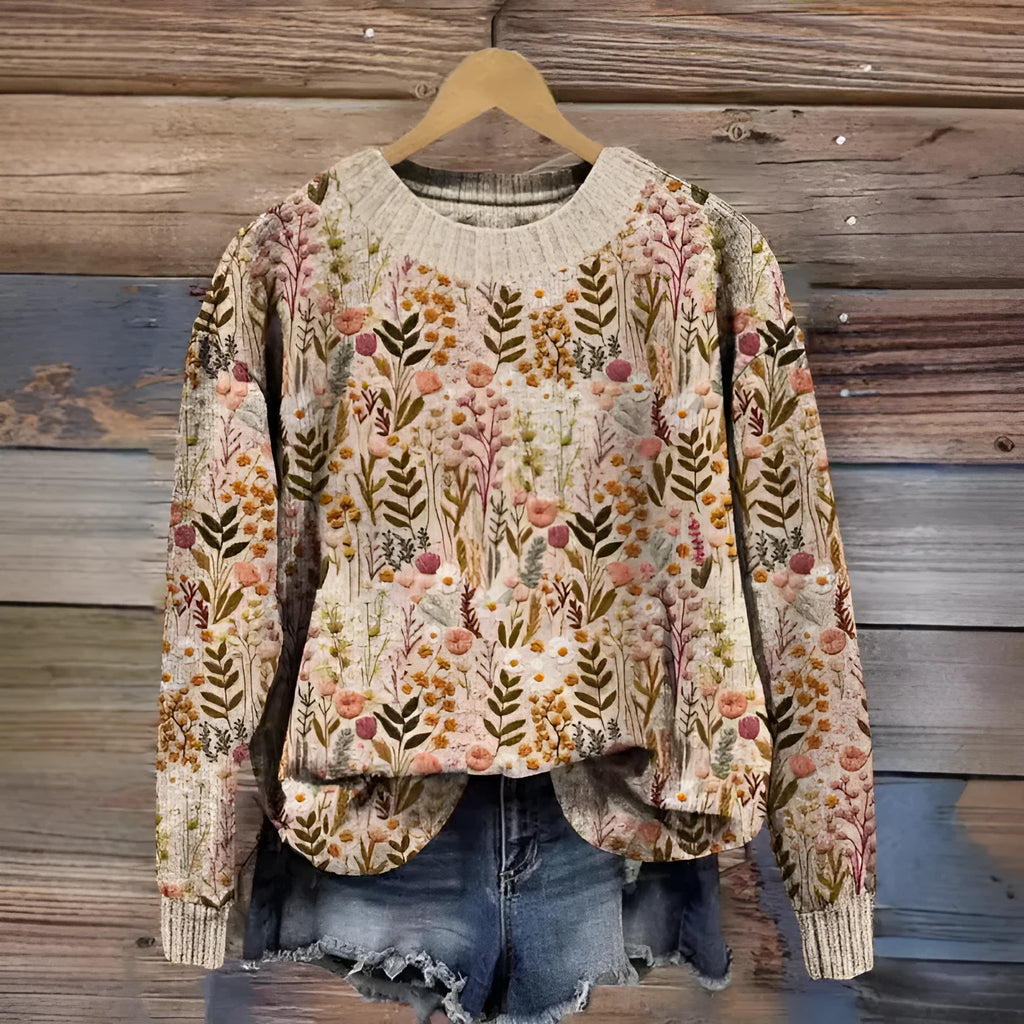 Digital printed round neck sweater showing Little Flower pattern in various colour options
