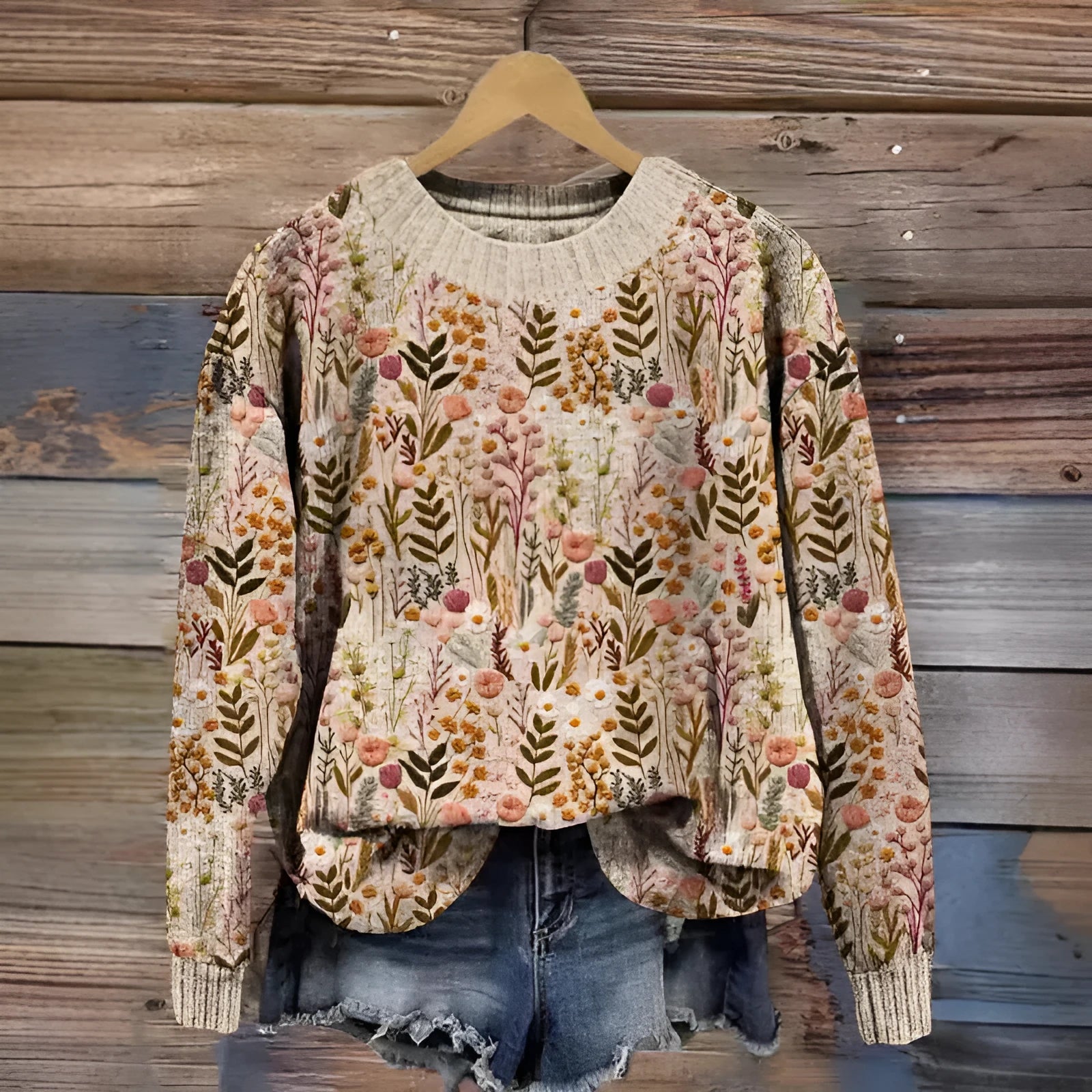 Digital printed round neck sweater showing Little Flower pattern in various colour options