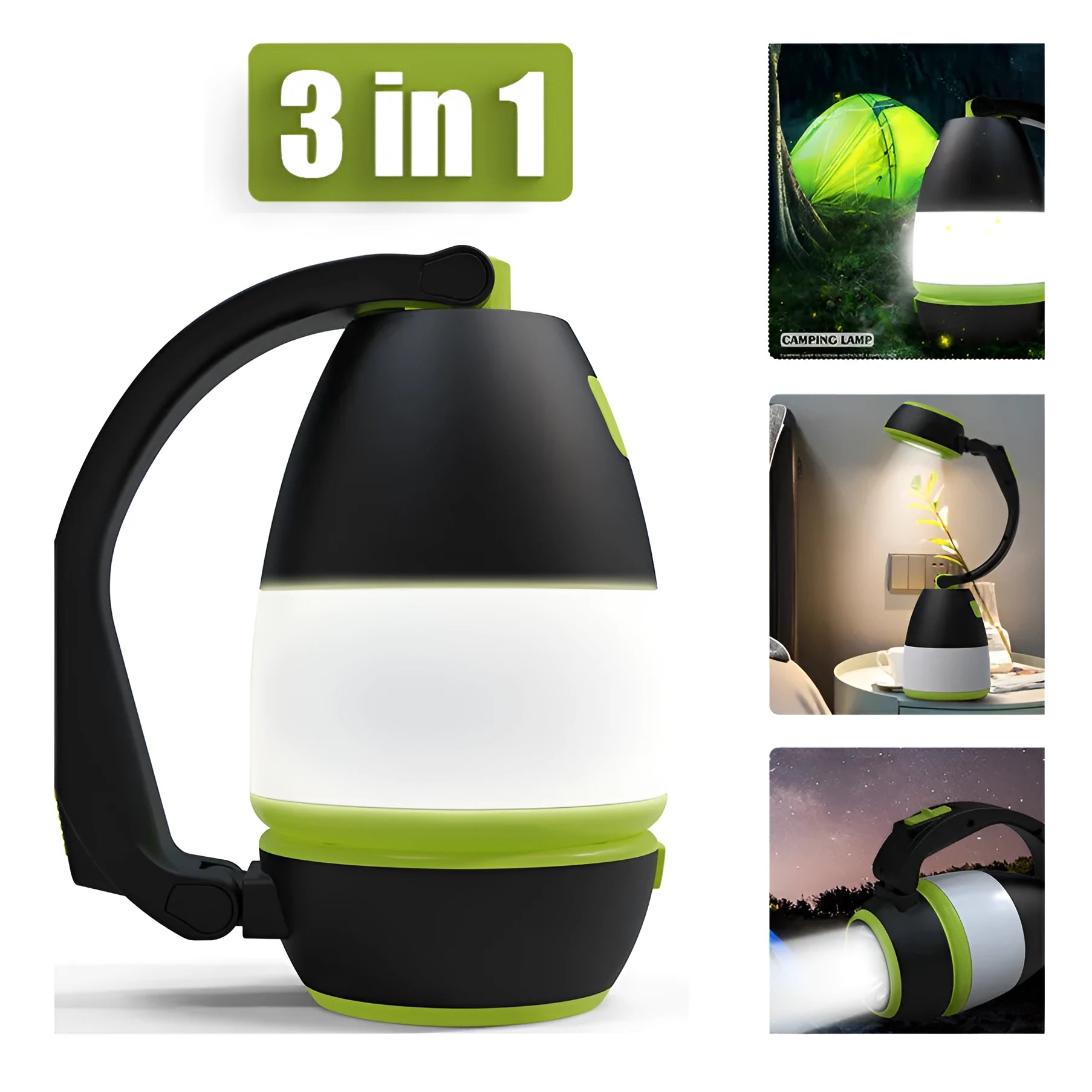 Black green 3-in-1 multifunctional LED table lamp with adjustable head and foldable design.
