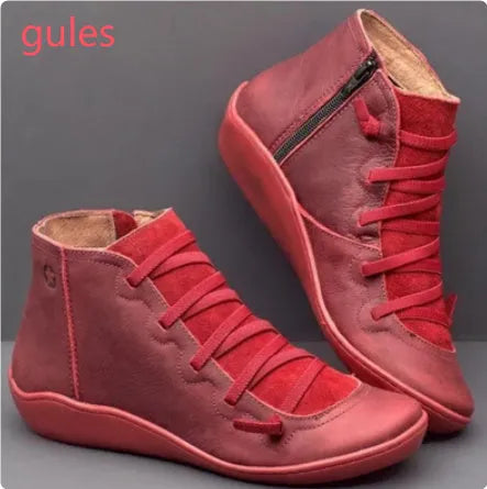 Women's casual round-toe ankle boots with a wedge heel in artificial PU, shown in multiple colour options.