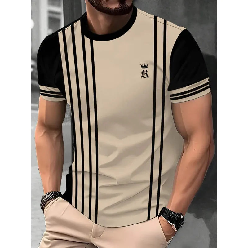 Men's loose fit short sleeve T-shirt with digital 3D printed stripe pattern in polyester fabric