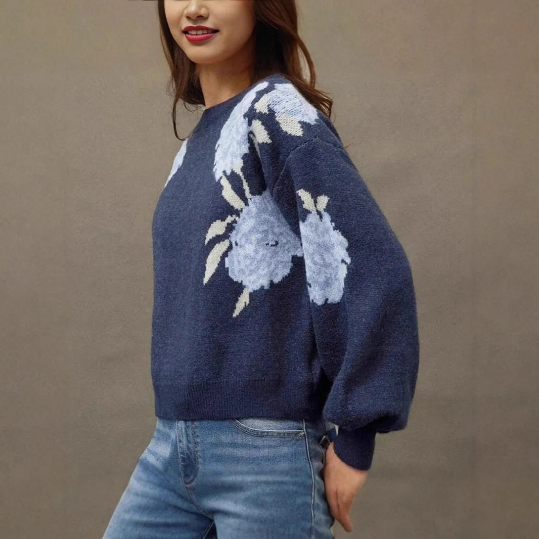 Women's sapphire blue loose pullover with floral jacquard pattern and off-neck design