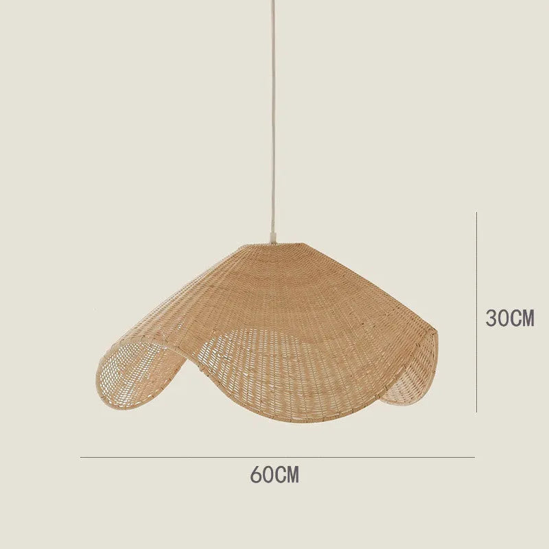 Handwoven straw rattan and willow bamboo pendant ceiling lamp with warm white LED light.
